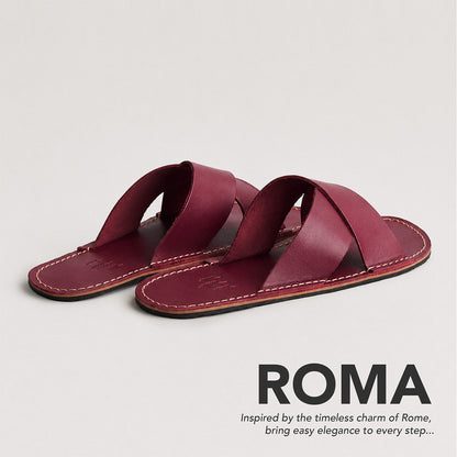 Marsala | Flat leather sandals with debossed PLG three tree logo in sole, text reads "Roma. Inspired by the timeless charm of Rome, bring easy elegance to every step..."