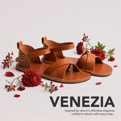 Miele | Flat leather sandals with ankle straps and debossed PLG three tree logo in soles