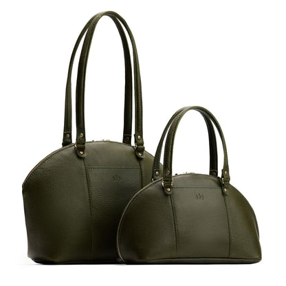 Pebbled Olive | Size comparison of the large and small half circle crossbody bag with handles and removable crossbody strap
