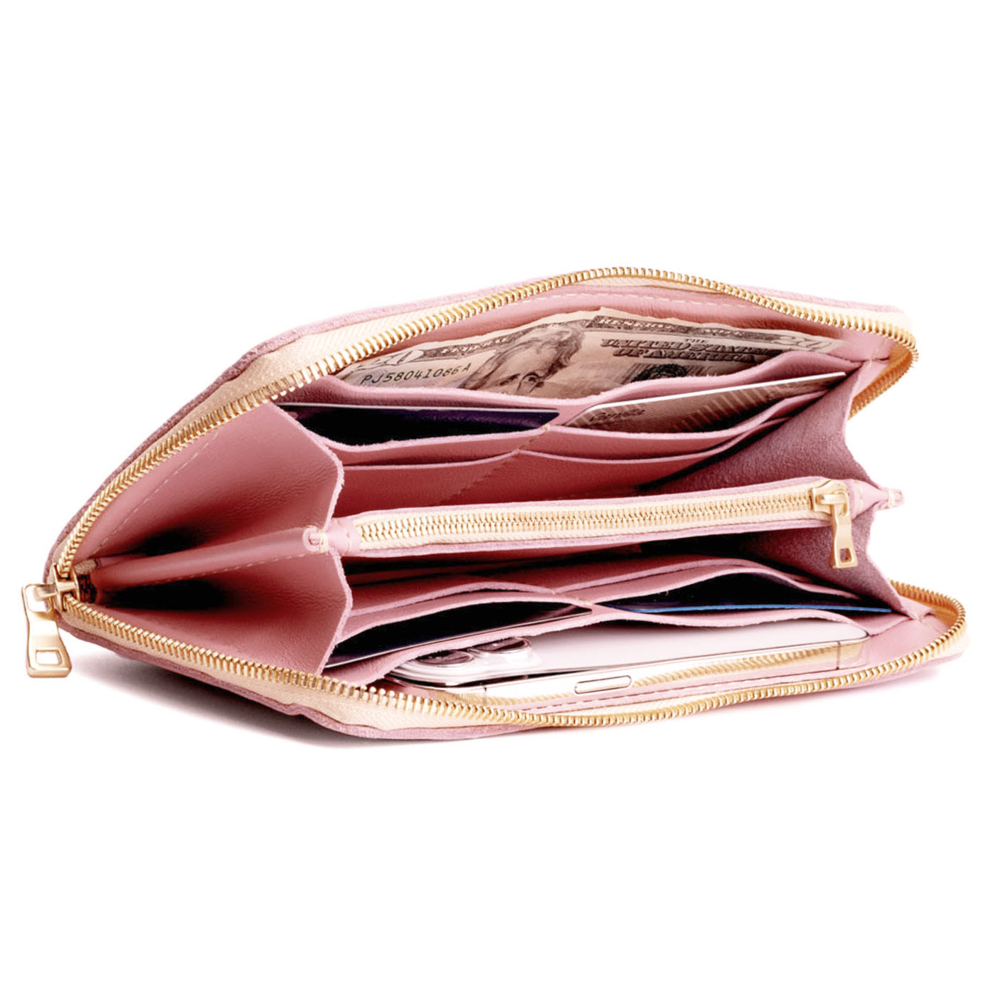Vintage Pink | Large accordion leather wallet with zipper open