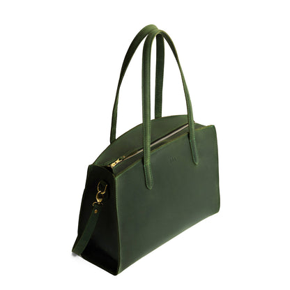 Evergreen*Large | Leather tote bag with handles, adjustable crossbody strap, zipper top, and two back pockets