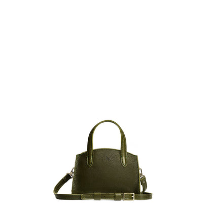 Pebbled Olive*Mini | Leather tote bag with handles, adjustable crossbody strap, zipper top, and a back pocket
