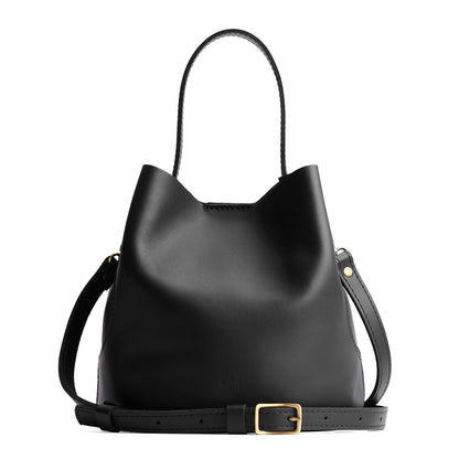 Black*Large | Symmetrical bucket bag with handle, latch closure, and removable crossbody strap