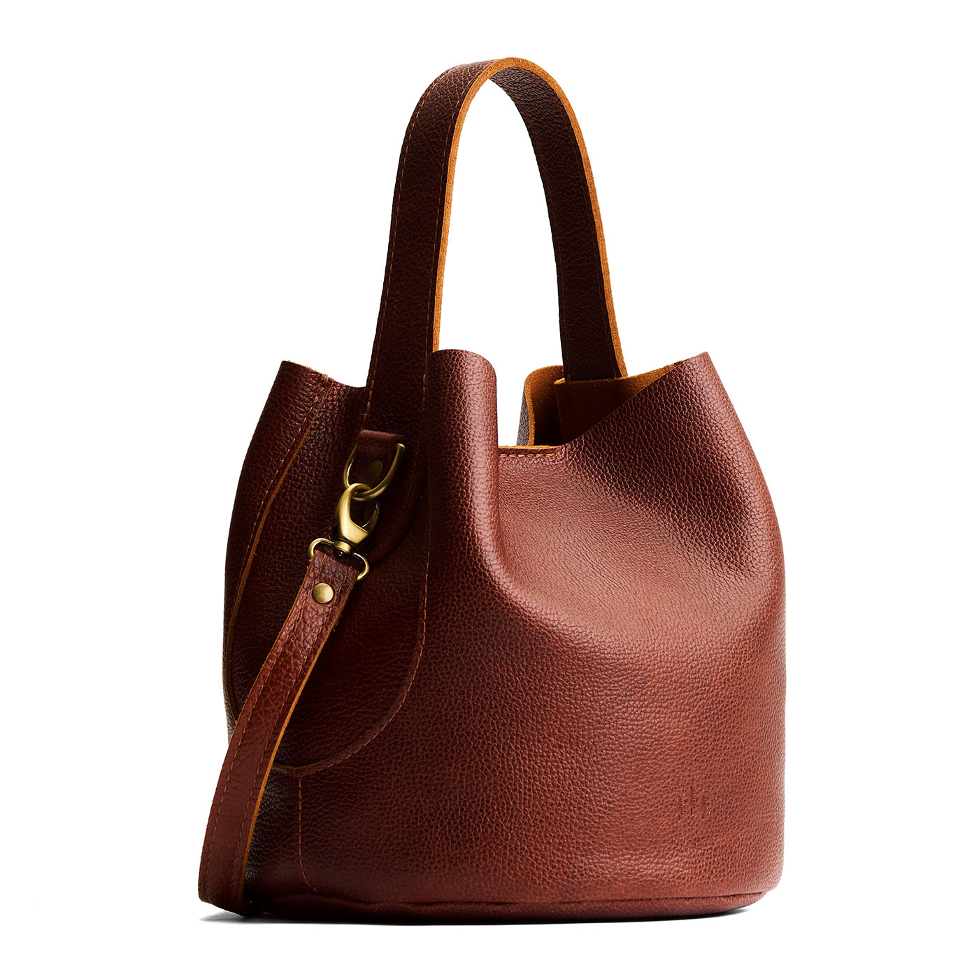 Nutmeg*Large | Symmetrical bucket bag with handle, latch closure, and removable crossbody strap
