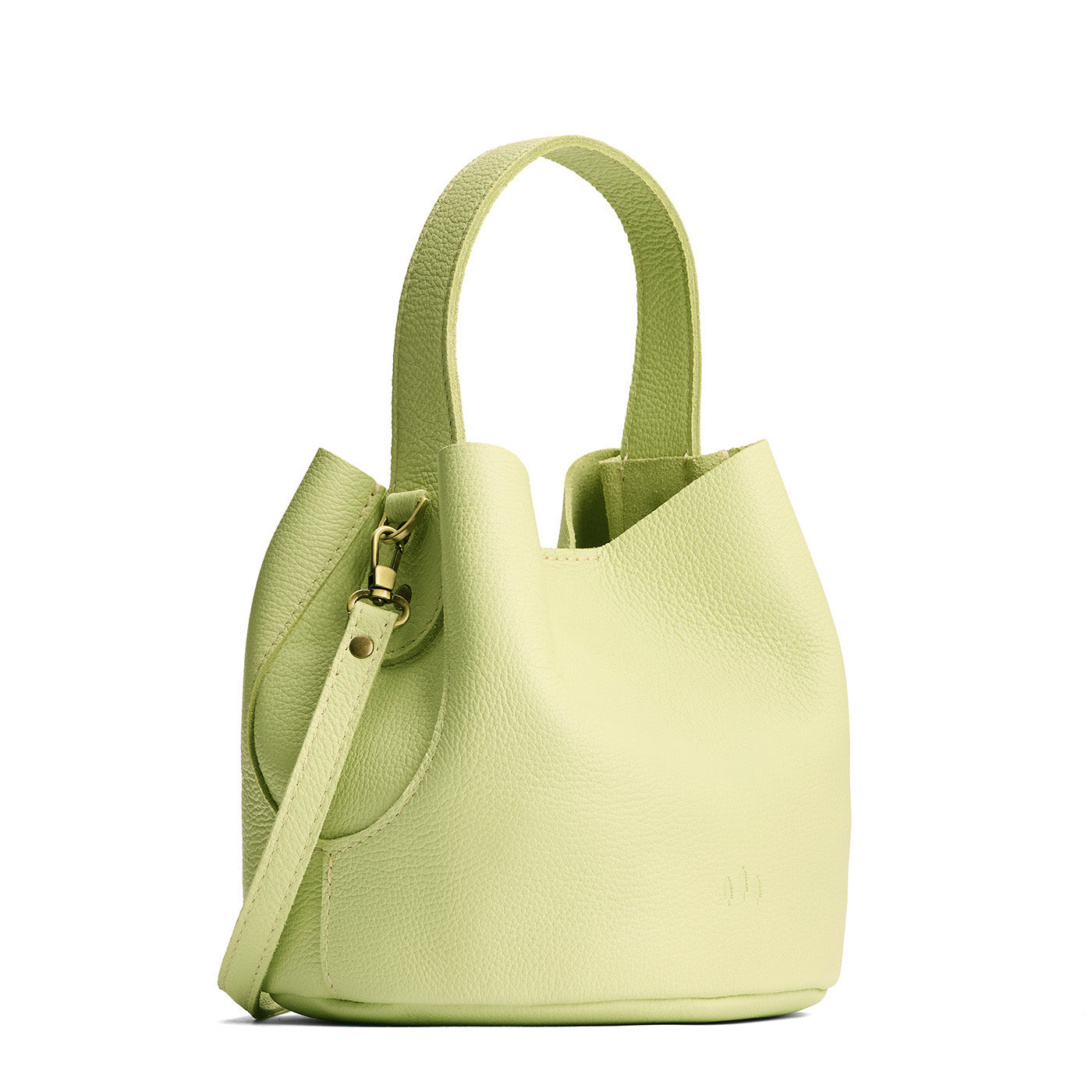 Shadow Lime*Small | Symmetrical bucket bag with handle, latch closure, and removable crossbody strap