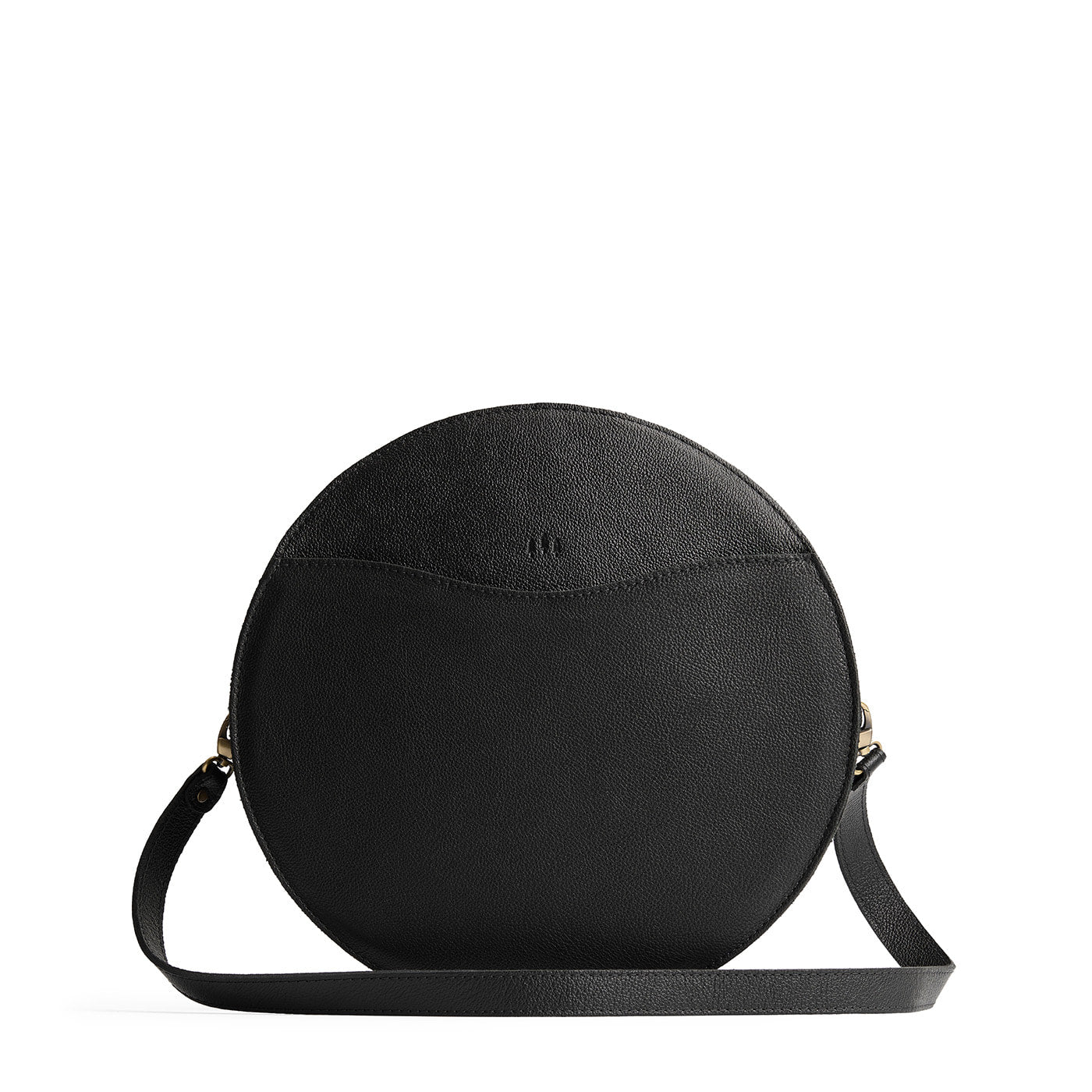 Pebbled--black | Large circle shaped leather bag with top zipper and carrying strap