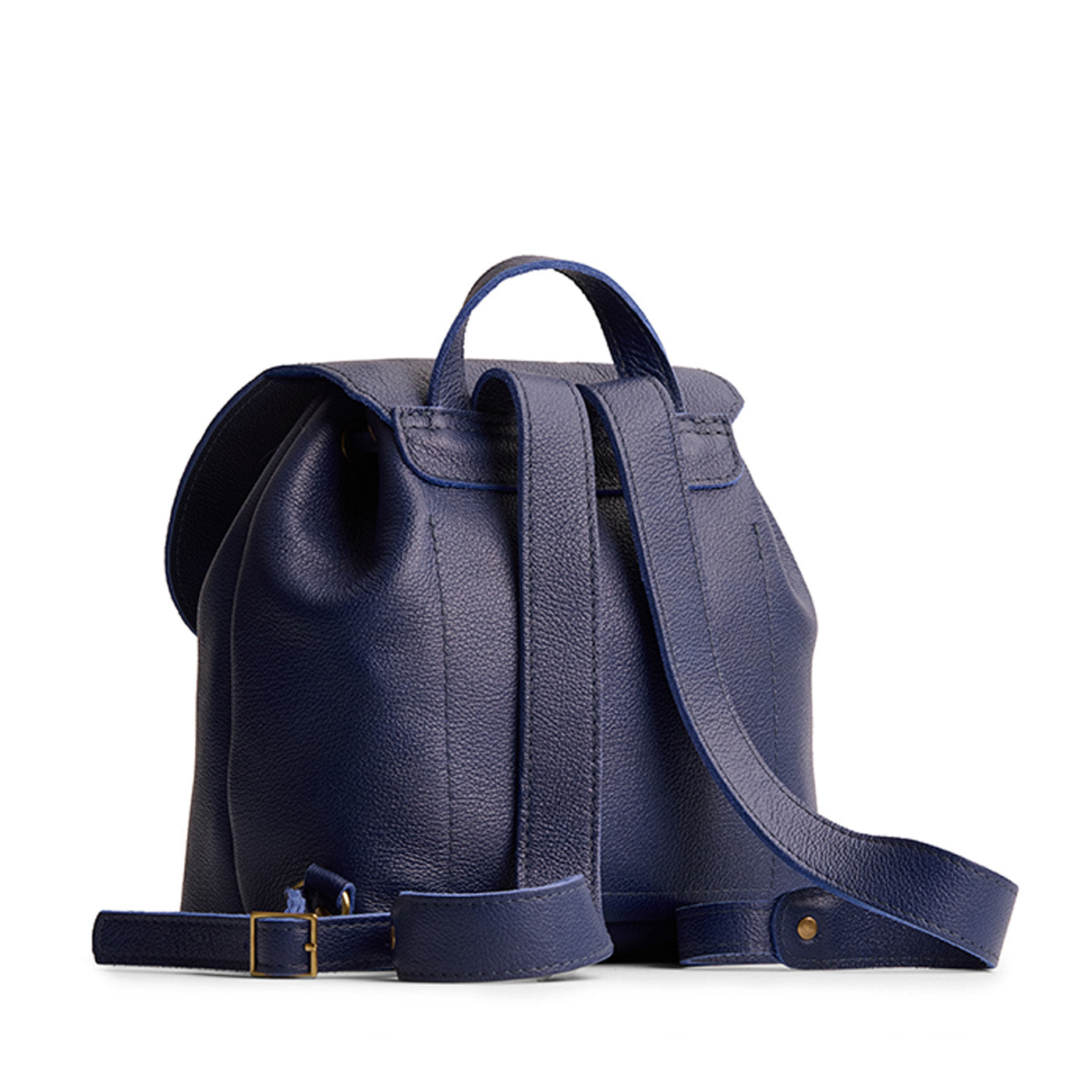 Cobalt | Back of drawstring bucket backpack with snap closure under flap