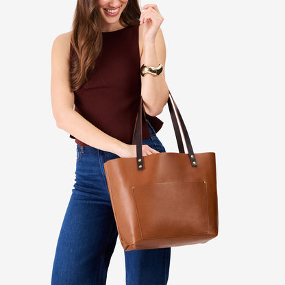 Honey*Classic | Large leather tote bag with sturdy bridle handles and front pocket