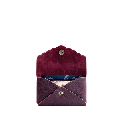 Plum | Leather card wallet with scalloped edge open
