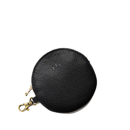 Pebbled--black | Leather flat round keychain pouch
