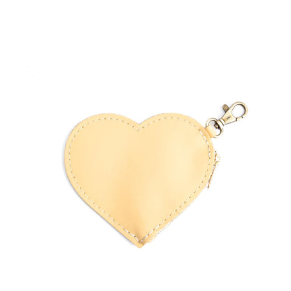 Champagne | Heart-shaped leather pouch keychain with zipper top and lobster clasp