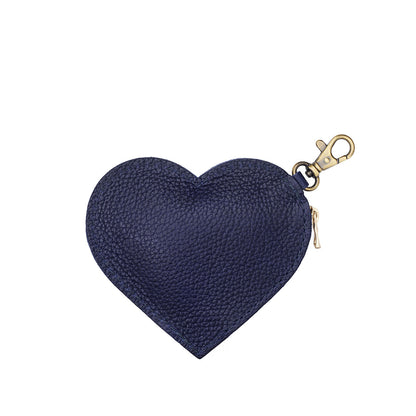 Cobalt | Heart-shaped leather pouch keychain with zipper top and lobster clasp