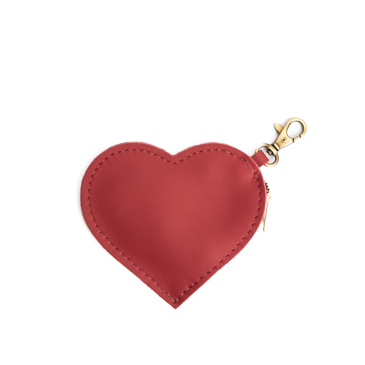 Crimson | Heart-shaped leather pouch keychain with zipper top and lobster clasp