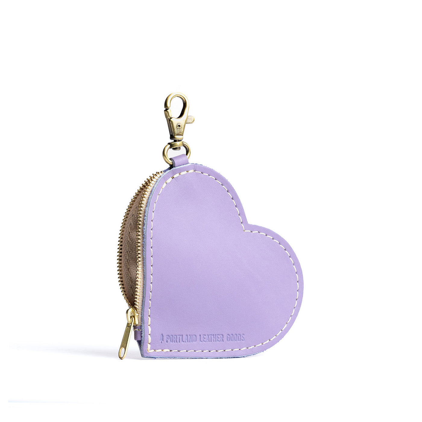 Lavender | Heart-shaped leather pouch keychain with zipper top and lobster clasp