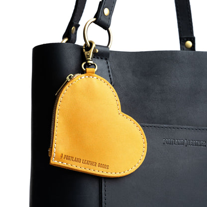 Sunflower | Heart-shaped leather pouch keychain with zipper top and lobster clasp
