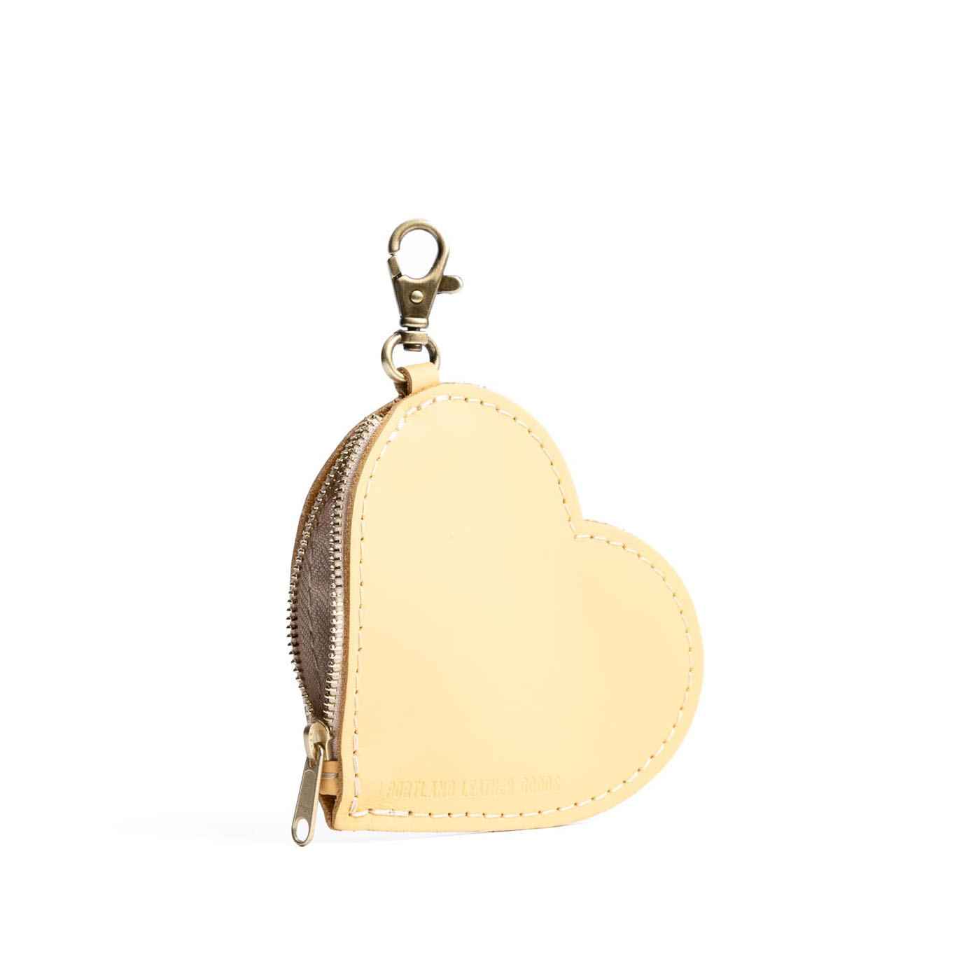 Vanilla | Heart-shaped leather pouch keychain with zipper top and lobster clasp