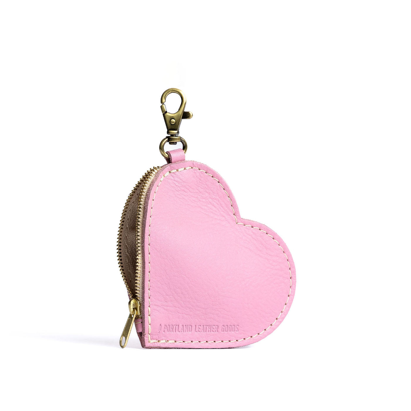 Vintage Pink | Heart-shaped leather pouch keychain with zipper top and lobster clasp