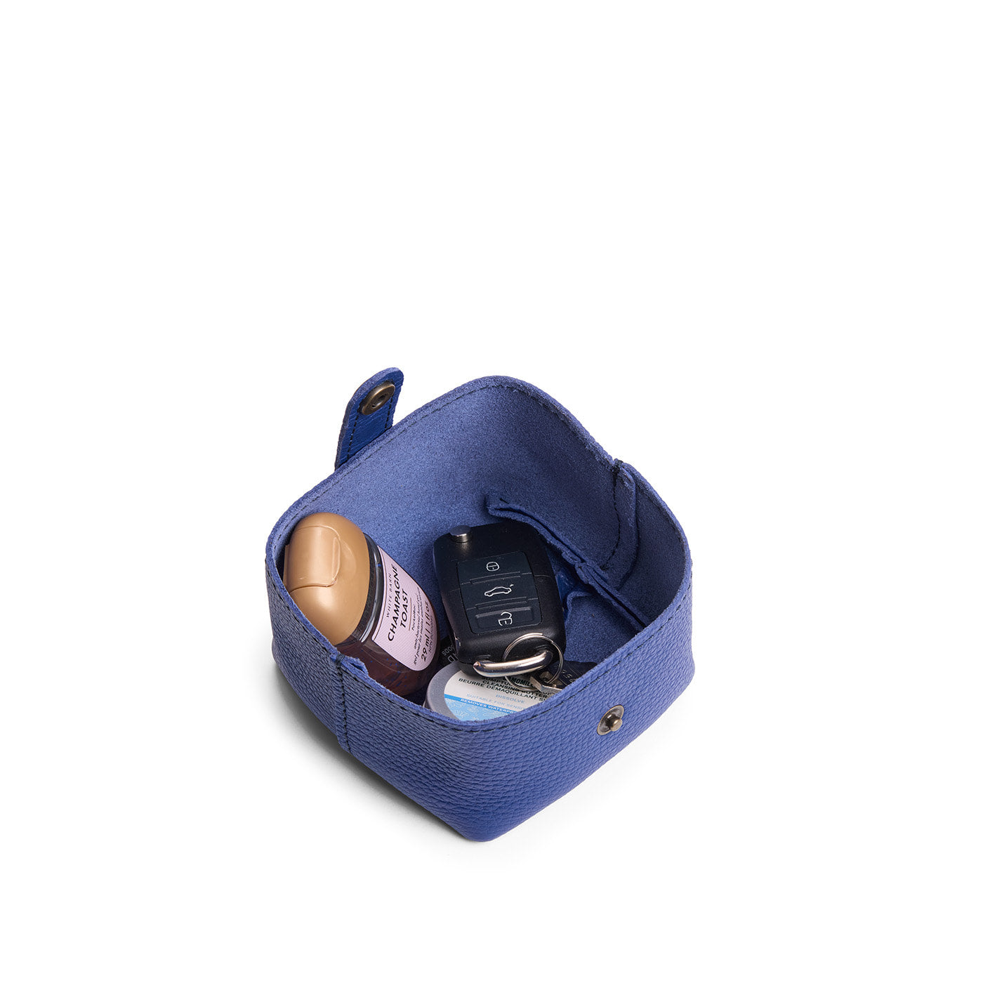 Molino Blue | Foldable square leather pouch with snap closure open
