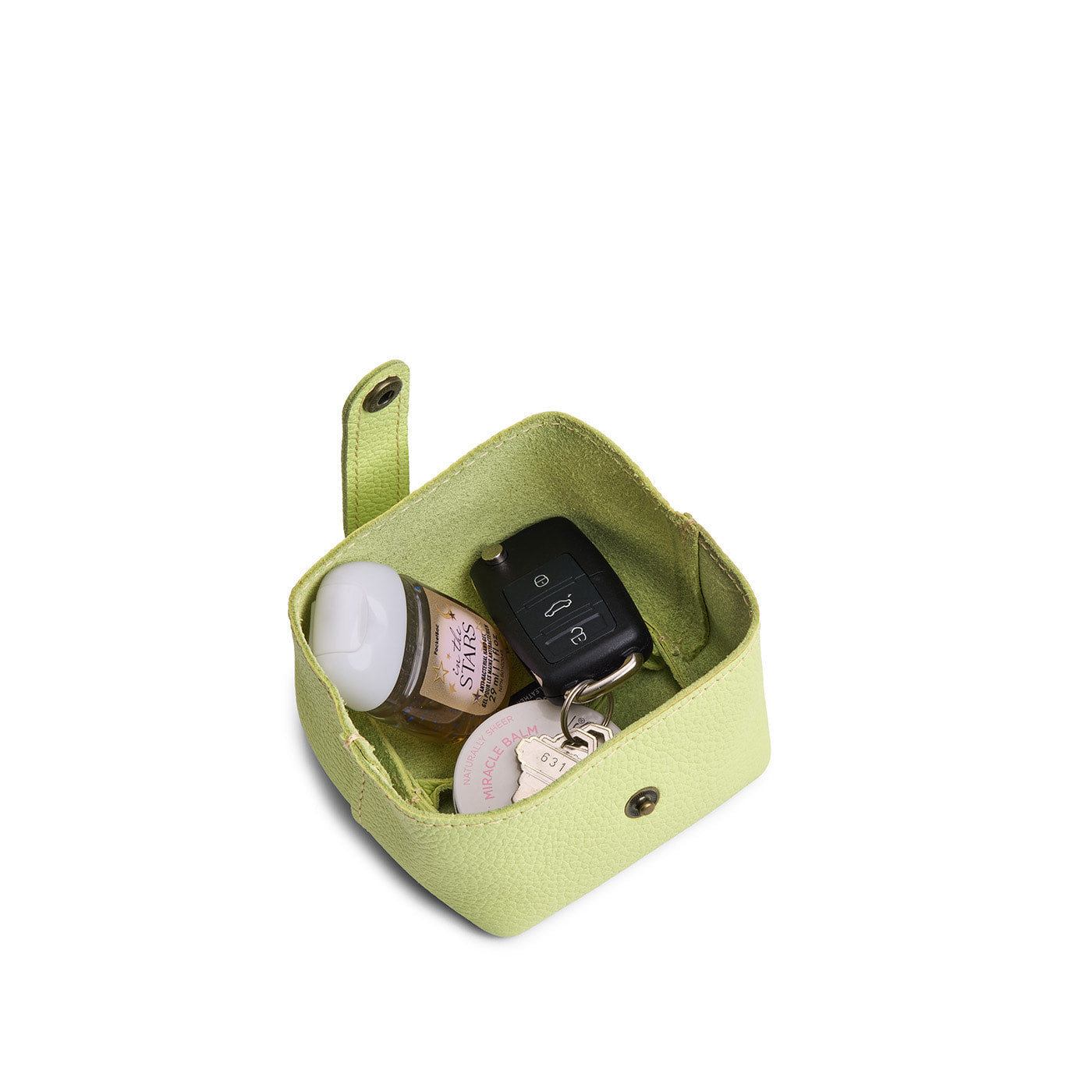 Shadow Lime | Foldable square leather pouch with snap closure open