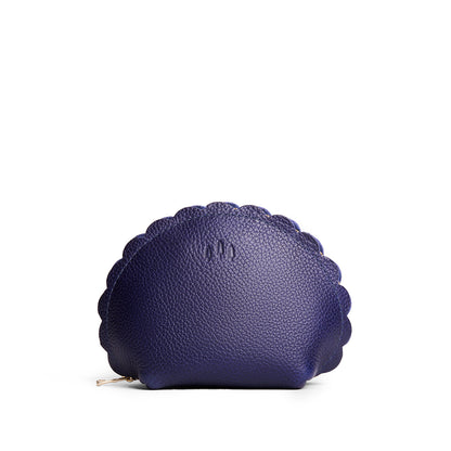Cobalt*Large | Curved leather pouch with zipper and scalloped edges