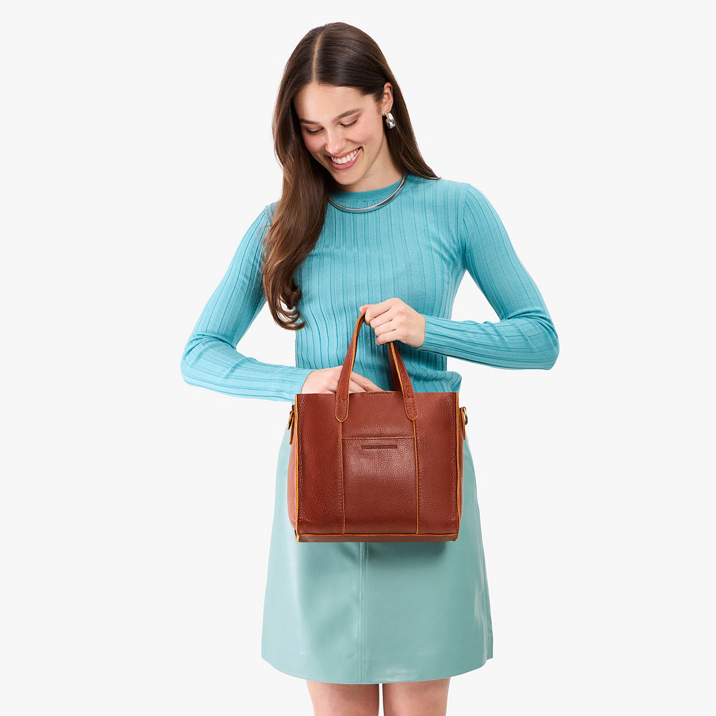 Nutmeg | Structured mid-size tote bag with overlapping panels and crossbody strap