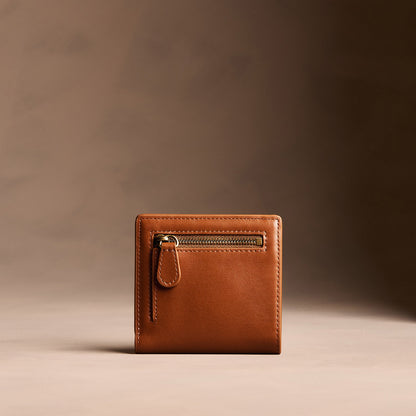 Vintage Tan*Small | Petite slim leather bifold wallet with multiple card slots and a zippered back pocket - back view