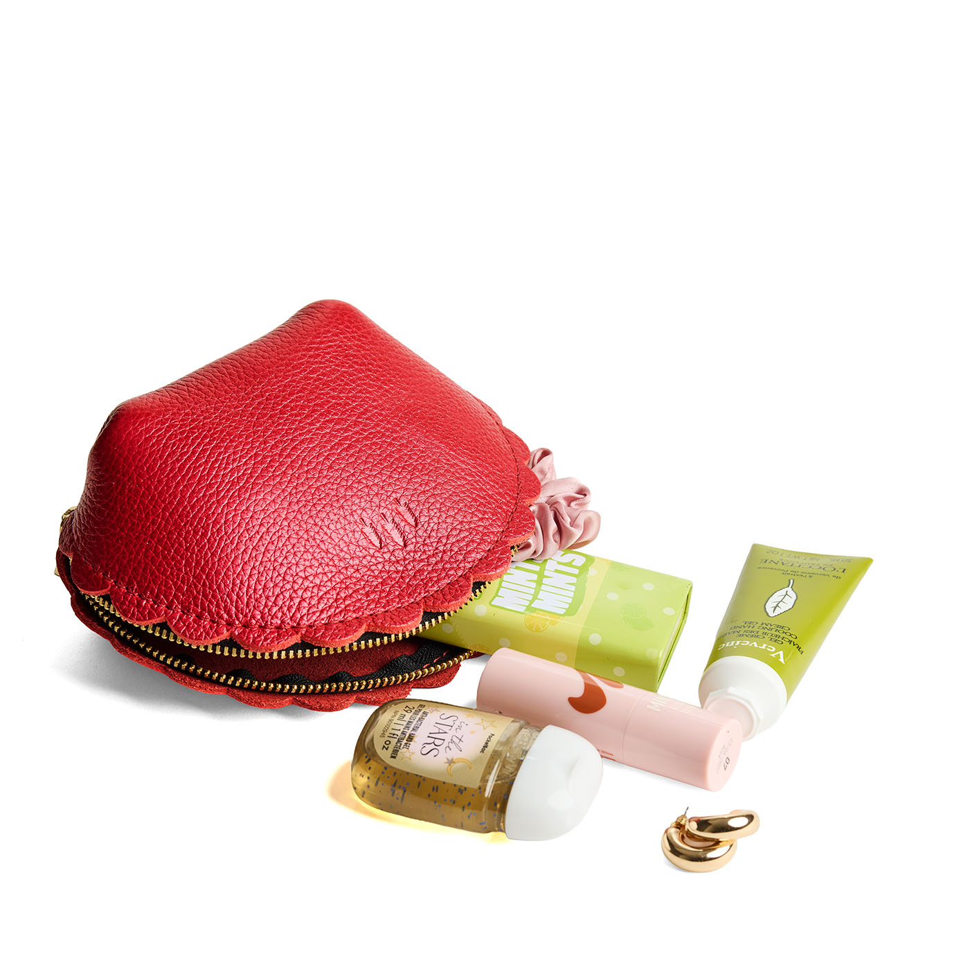 Reba Red*Large | Curved leather pouch with zipper and scalloped edges
