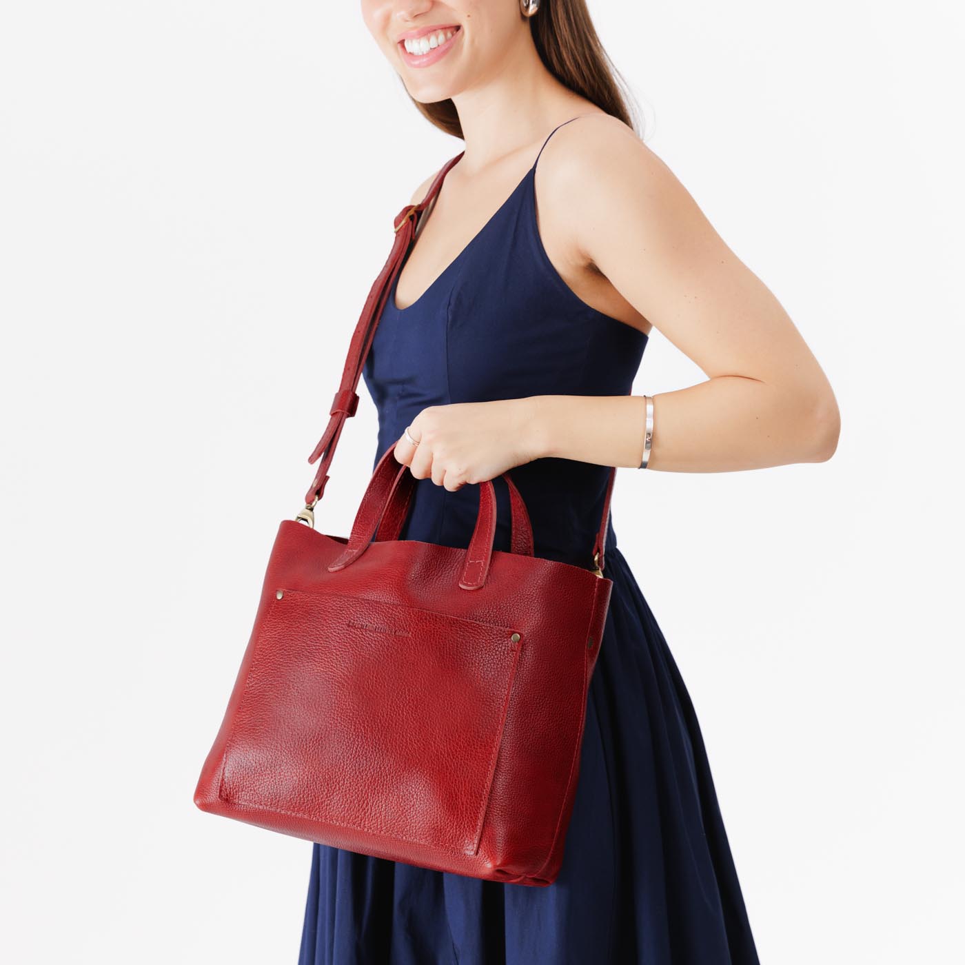 Chili Red | Midsize crossbody tote with handles and a pocket
