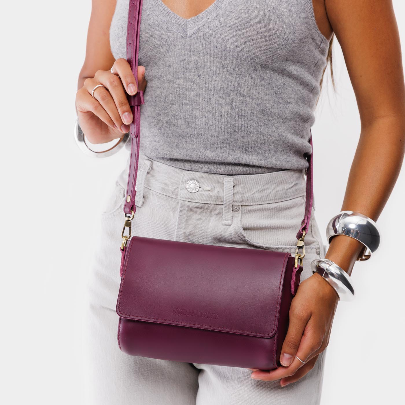 Lollipop*Mini | Model Wearing Small Leather Crossbody Bag with Magnetic Messenger Bag Closure