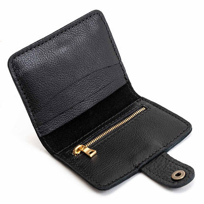 Pebbled--black | Small leather wallet with snap open