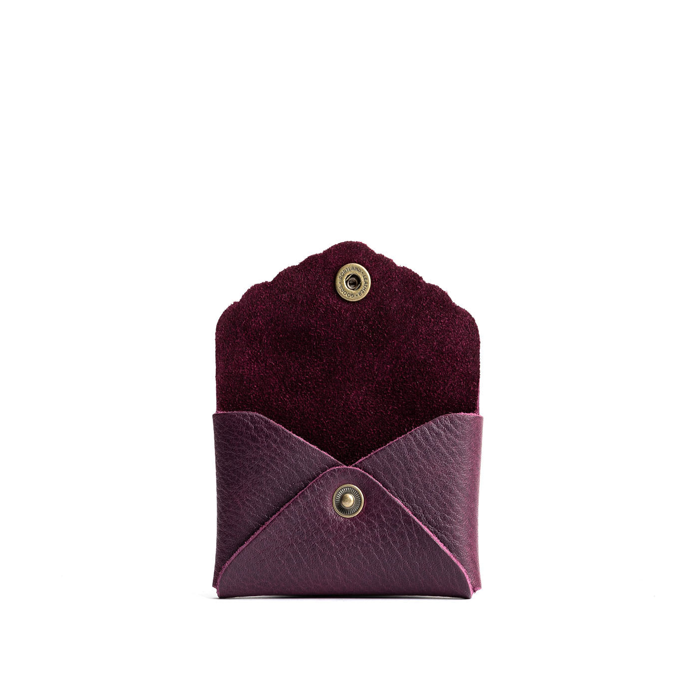 Plum | Small leather wallet with scalloped edge open
