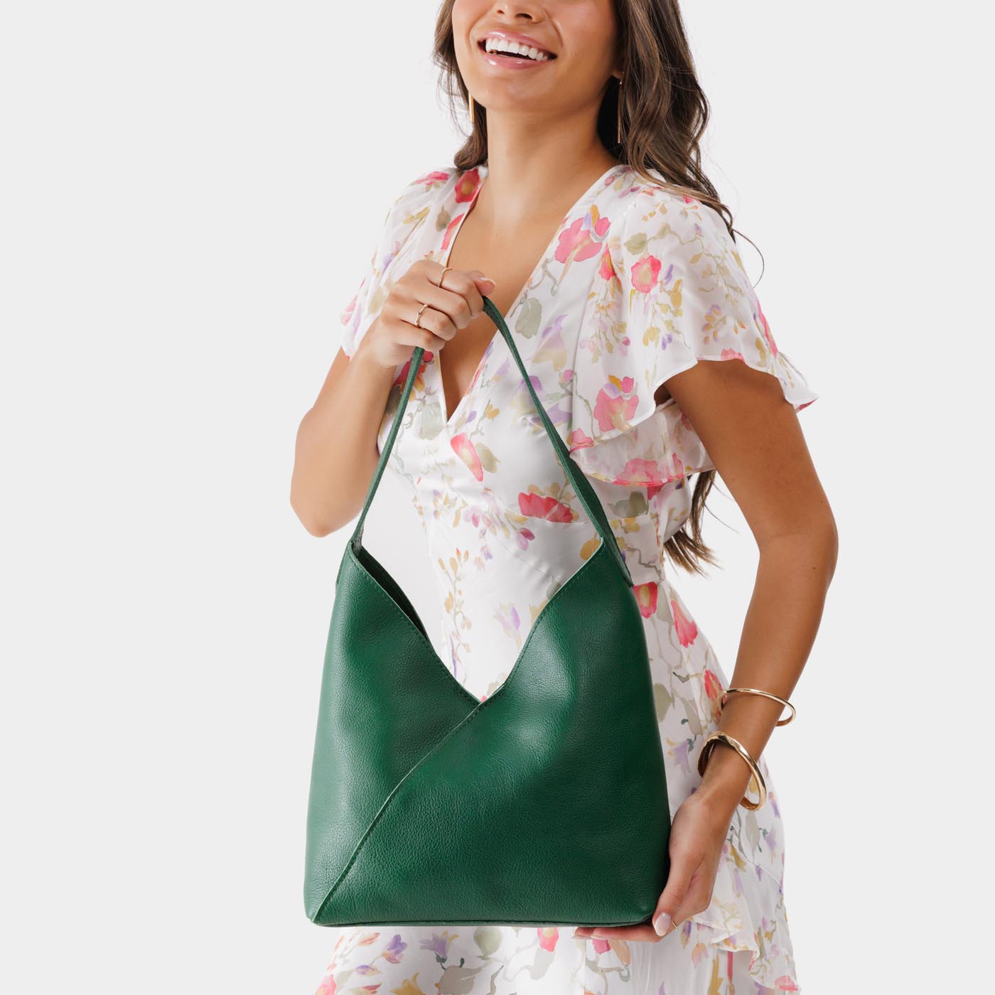 Bacalar*Large | Model wearing mid-size shoulder bag with magnetic snap closure