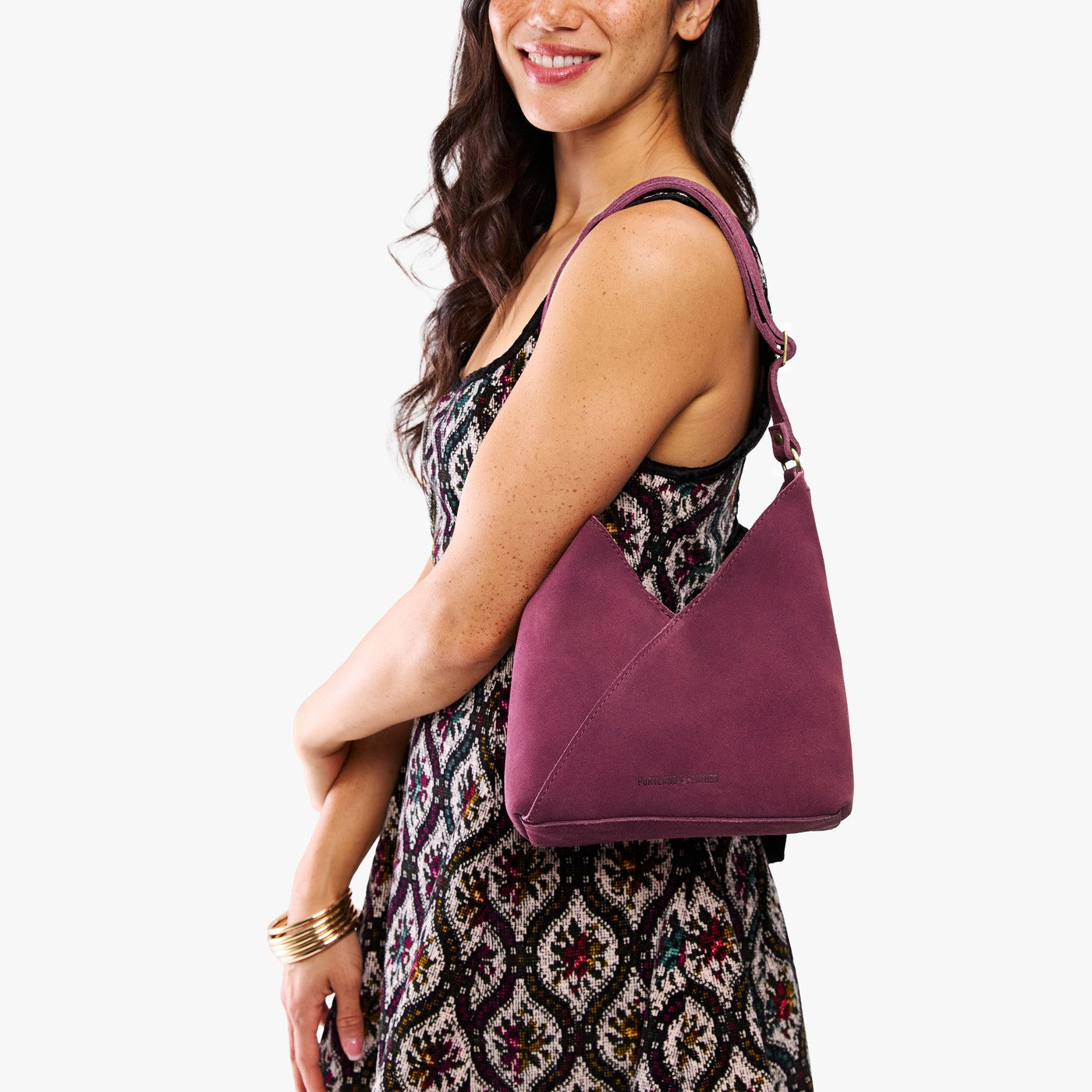 Superbloom*Small | Model wearing petite shoulder bag with adjustable strap and magnetic snap closure
