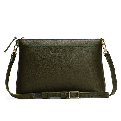 Pebbled Olive*Large | Zip top petite crossbody bag with detachable strap