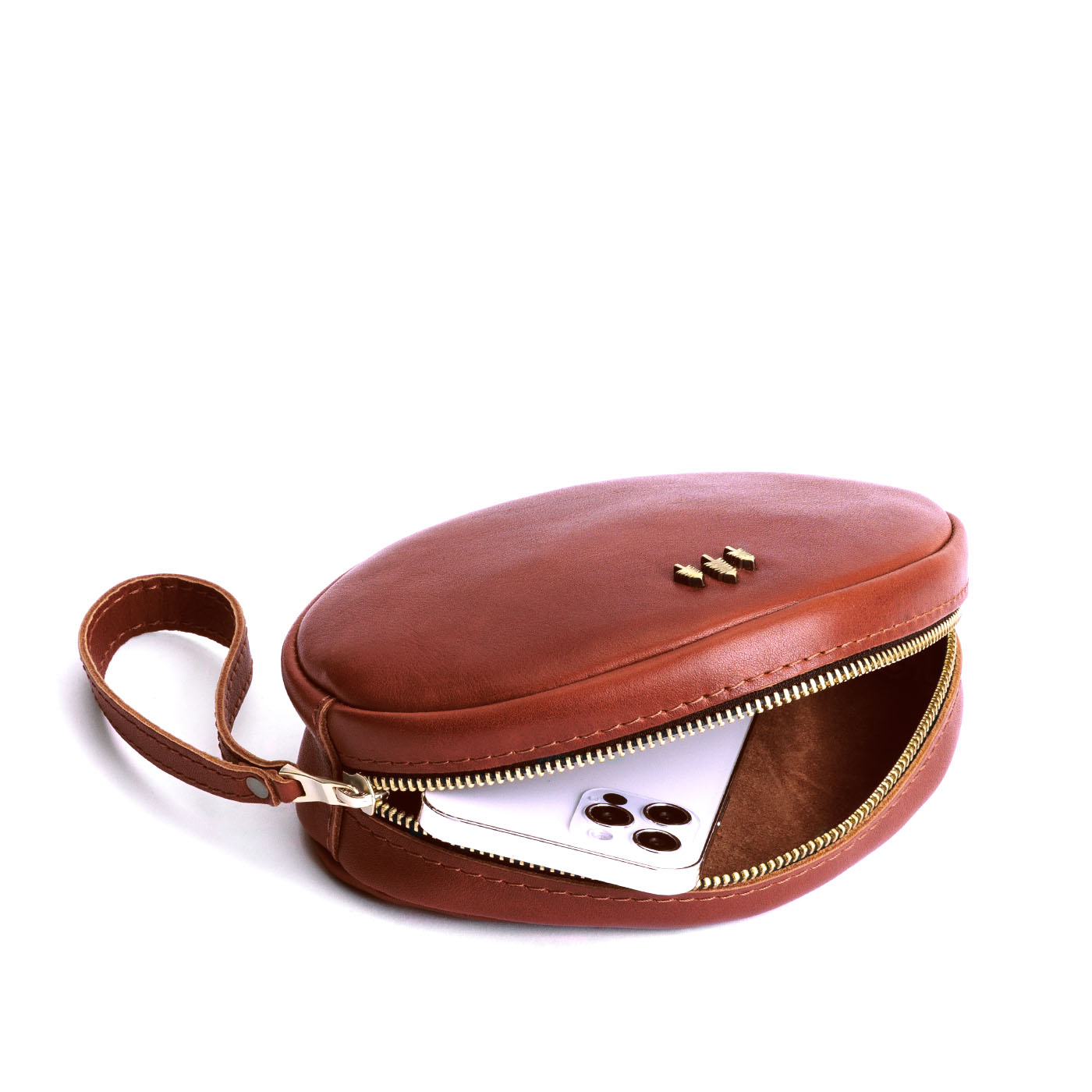 Chestnut*Large | Oval shaped pouch with zipper and wristlet strap