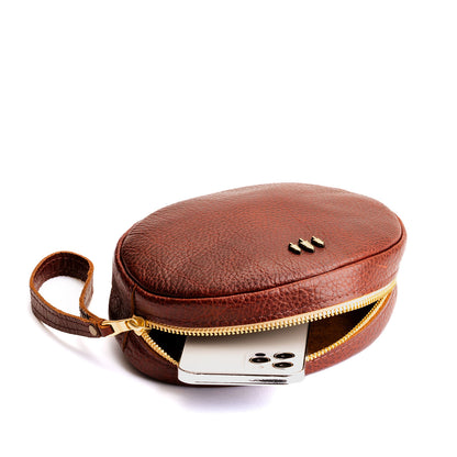 Nutmeg*Large | Oval shaped pouch with zipper and wristlet strap