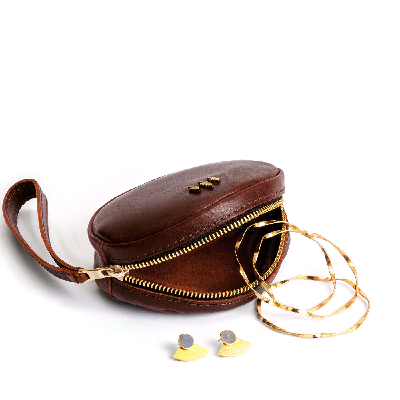 Cognac*Small | Oval shaped pouch with zipper and wristlet strap