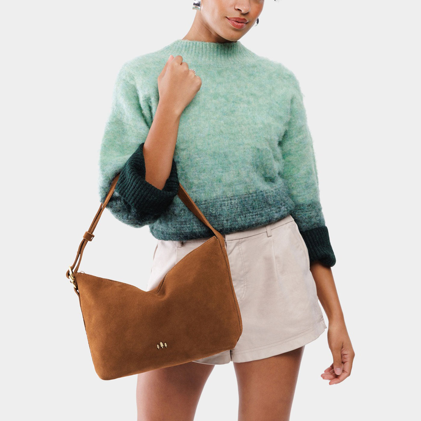 Jackson*Large | Medium sized slouchy leather shoulder bag with zipper opening and three metal tree emblems
