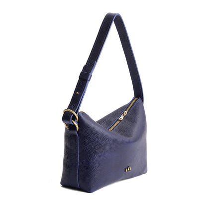 Cobalt*Small | Petite slouchy leather shoulder bag with zipper opening and three metal tree emblems