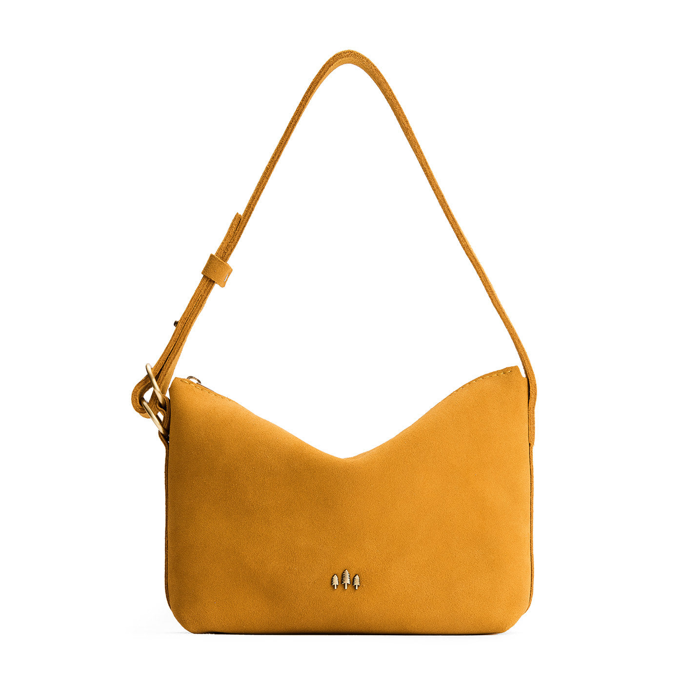 Dijon*Small | Slouchy Shoulder Bag that has a zipper opening and three metal tree emblems on a white background