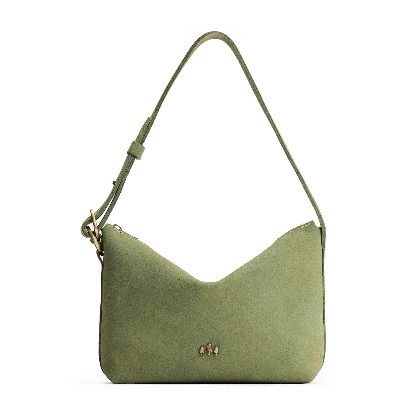 Laurel*Small | Slouchy Shoulder Bag that has a zipper opening and three metal tree emblems on a white background