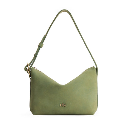 Laurel*Small | Slouchy Shoulder Bag that has a zipper opening and three metal tree emblems on a white background