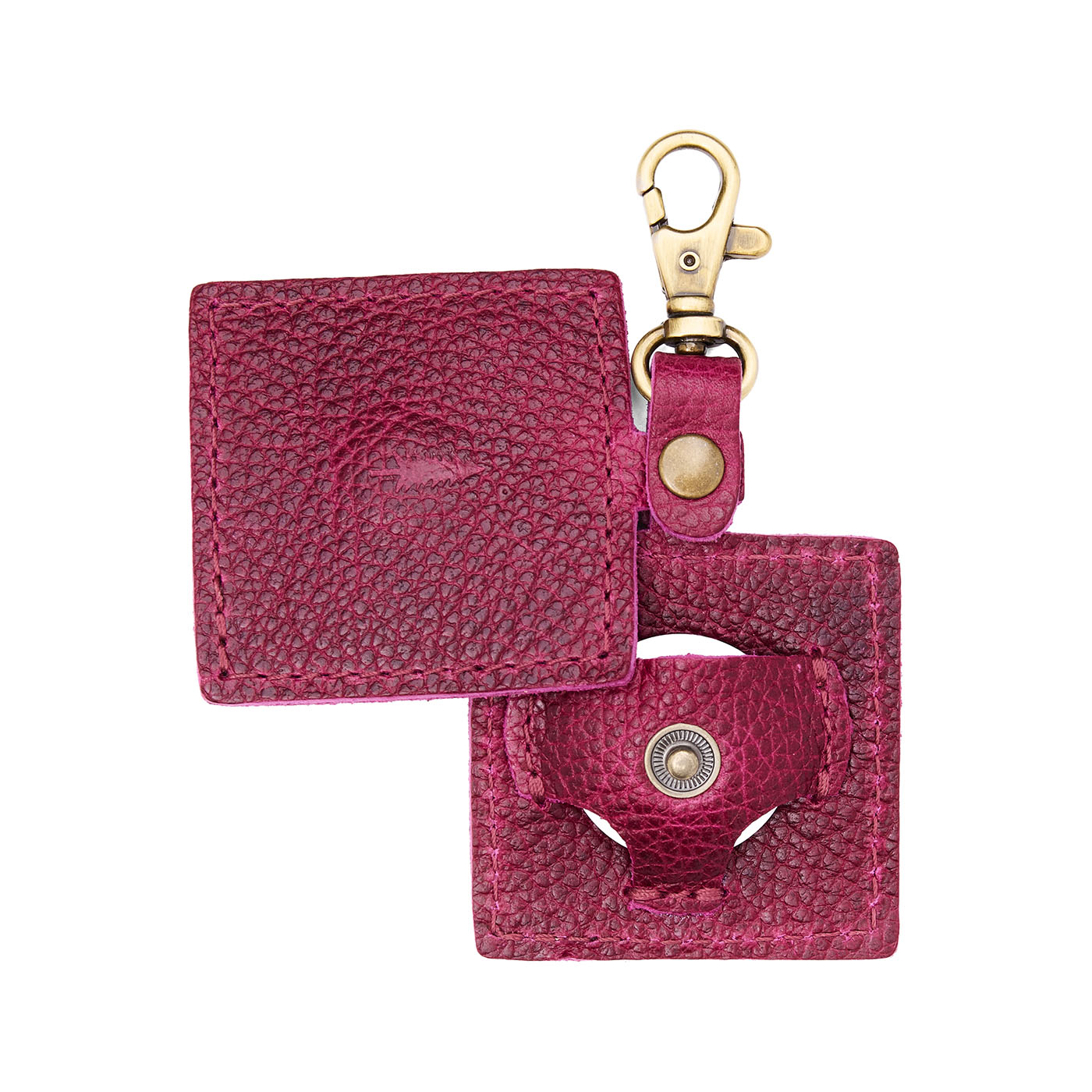 Orchid | Square-shaped leather AirTag holder with snap closure and swivel lobster claw clasp