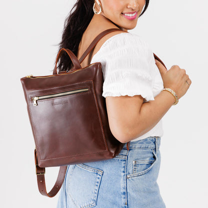 All Color: Cognac*Large | Model wearing square slim leather tote backpack