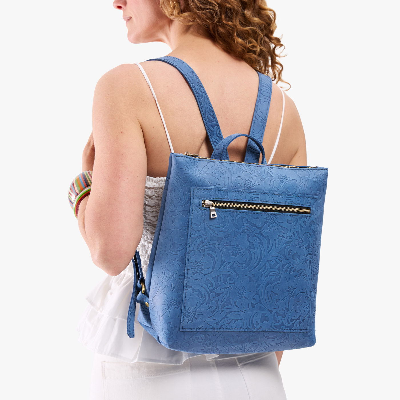 Cornflower | Model wearing square slim leather tote backpack