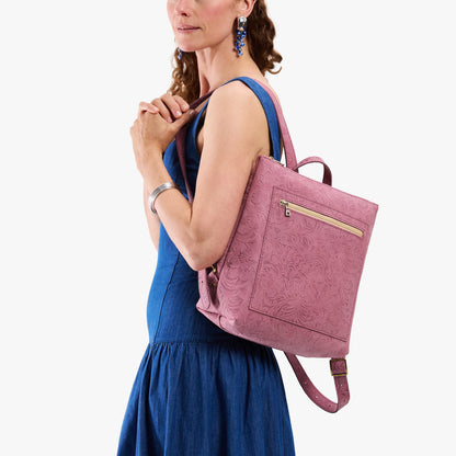 Hollyhock | Model wearing square slim leather tote backpack