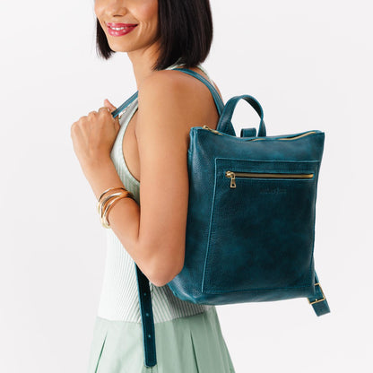 Lagoon*Large | Model wearing square slim leather tote backpack