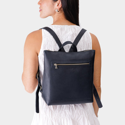 Night Owl*Large | Model wearing square slim leather tote backpack