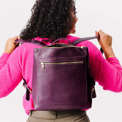 All Color: Plum*Large | Model wearing square slim leather tote backpack