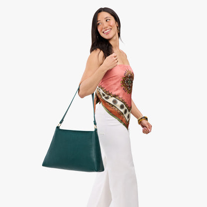 Sea Glass*Large | Model carrying large triangular shoulder bag with antiqued brass finished hardware